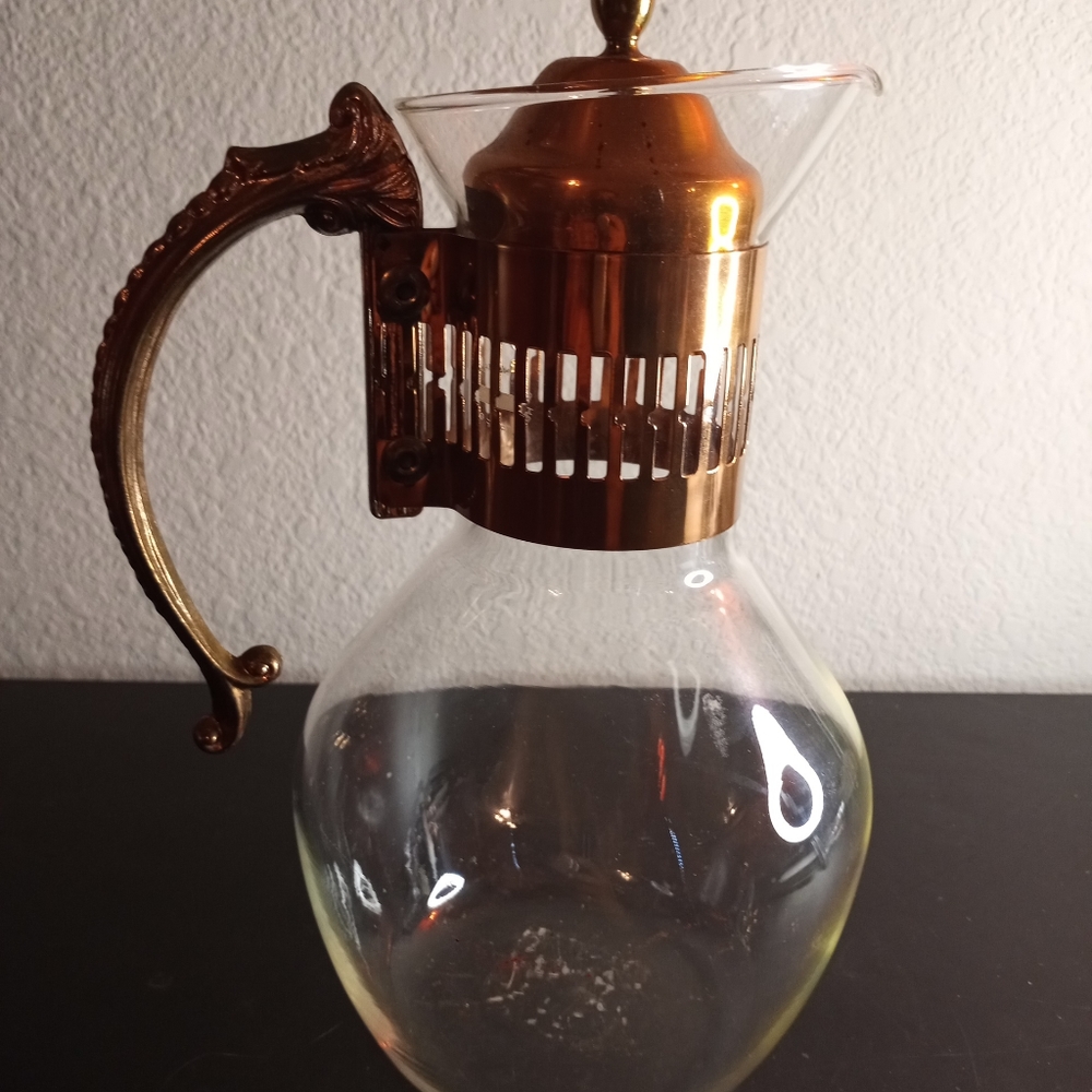 MCM Corning Glass & Copper 9" Coffee Carafe. NEVER USED.